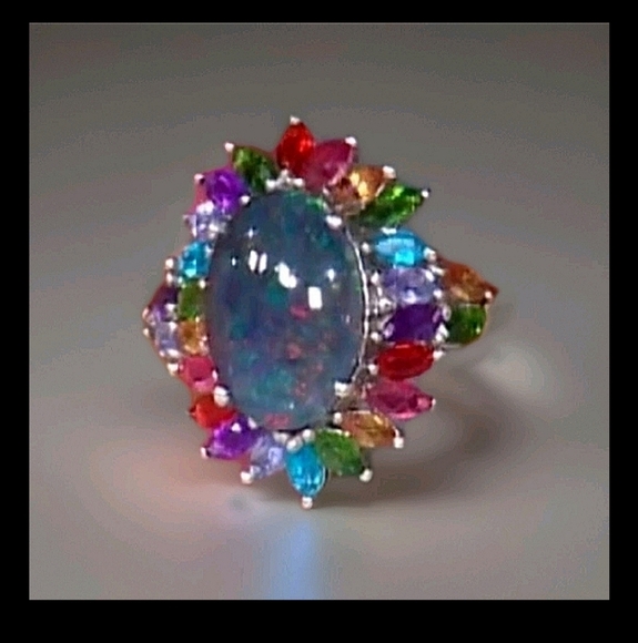 OVAL Australian Boulder Opal Multigemstone Triplet Ring, Platinum Plated Silver - Picture 1 of 10